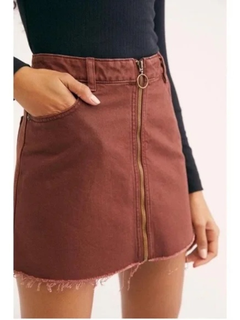 We The Free Rust Brown Front-Zip Raw Hem Mini Skirt